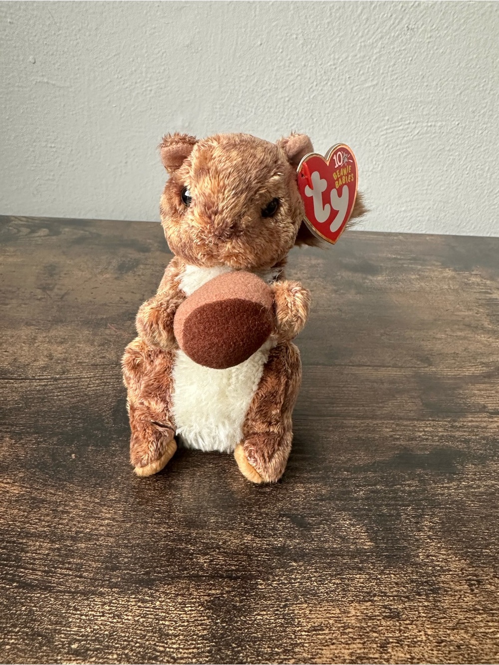 TY Beanie Babies Brown and Cream Squirrel “Nutty” Plush Holding Acorn